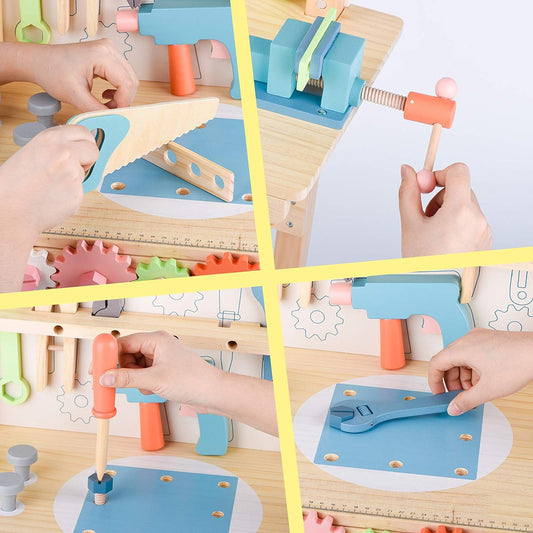 Children's tool table toys game workbench wooden tool table workshop workbench with tool set wooden construction workbench toys