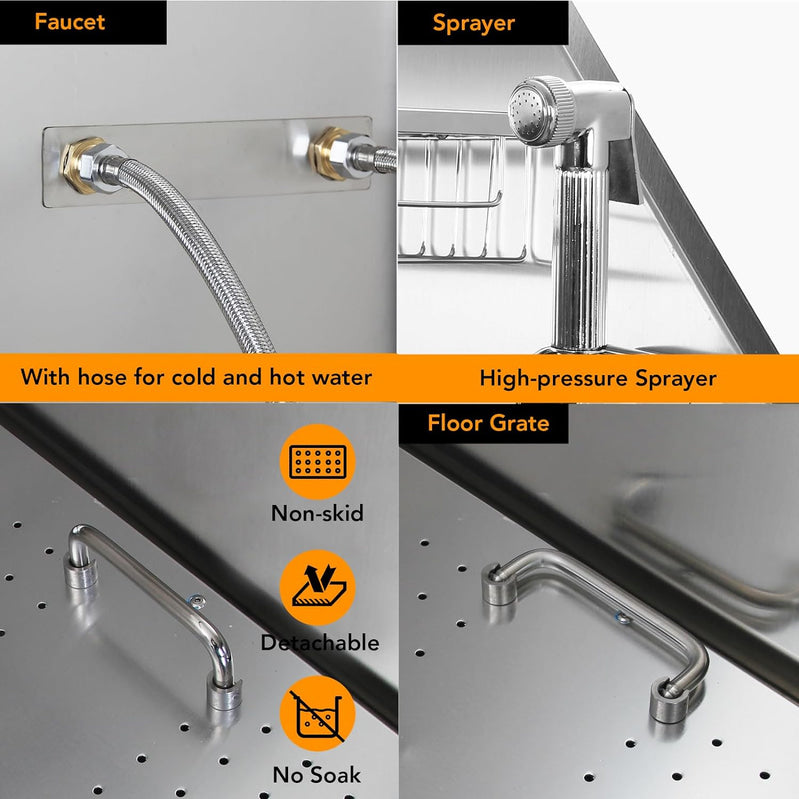 50" Dog Wash Bathtub, Pet Wash Station, Professional Stainless Steel Dog Grooming Tub with Ramp, Faucet, Sprayer, Drain Kit, Right Door