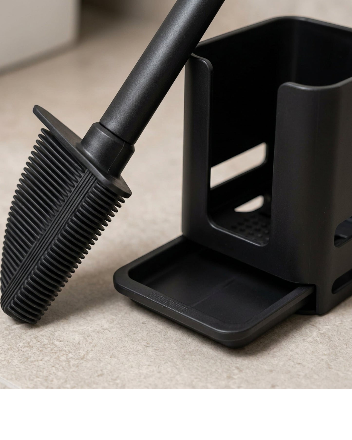 Lyvr Angled Silicone Toilet Brush with Drip Tray Holder Black - Detail view
