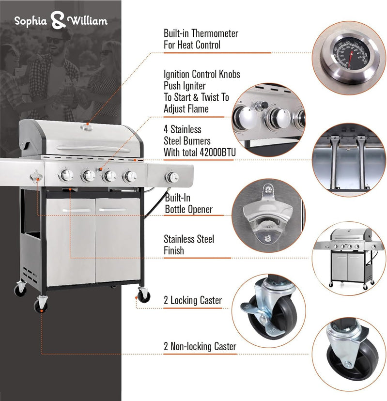 Burner Gas grill with side burner and enameled cast iron grille 42,000BTU outdoor cooking stainless steel propane grill Garden grill, silver