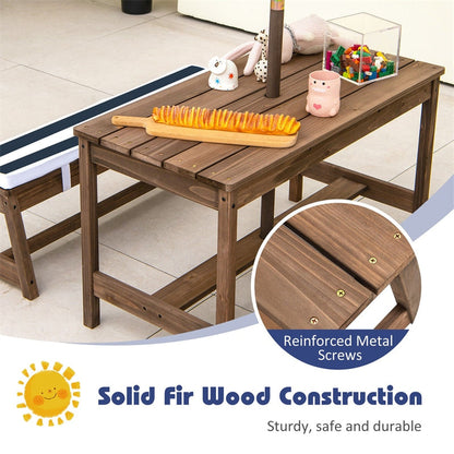 Wooden Kids Picnic Table Bench Set Children Outdoor Activity Table with Cushions & Height Adjustable Umbrella