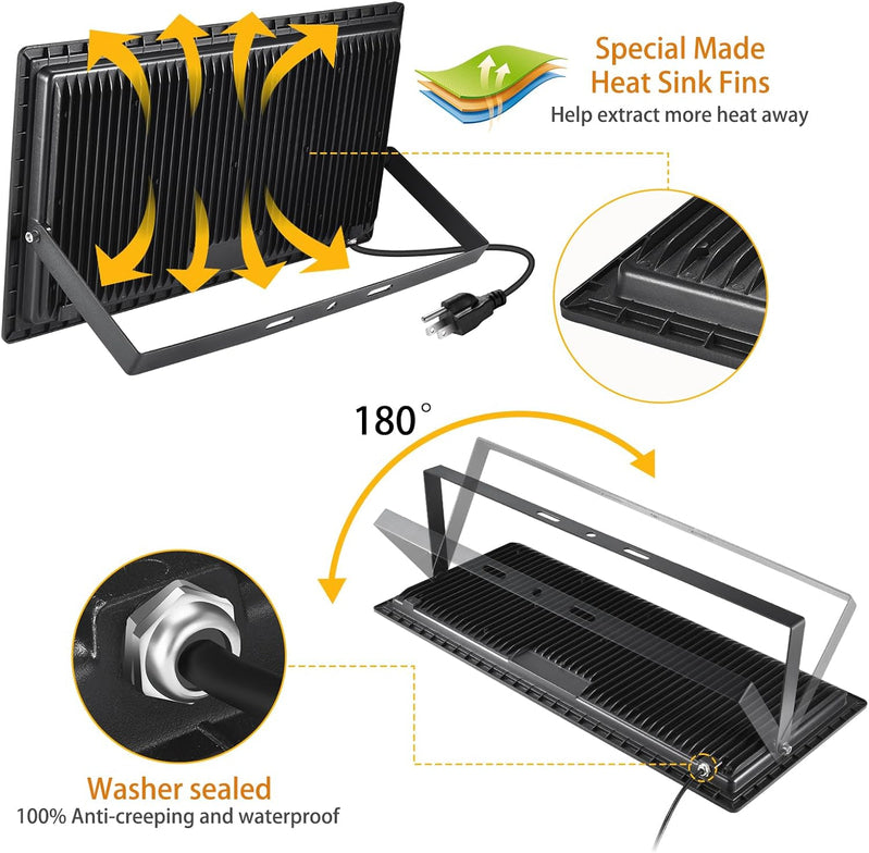3 Pack 200W LED Flood Light,Super Bright Exterior Security Lights With Plug,IP66 Waterproof Outdoor Flood Light, 22800lm 5000K Daylight White Floodlight for Yard, Garden,Basketball Court, Arena