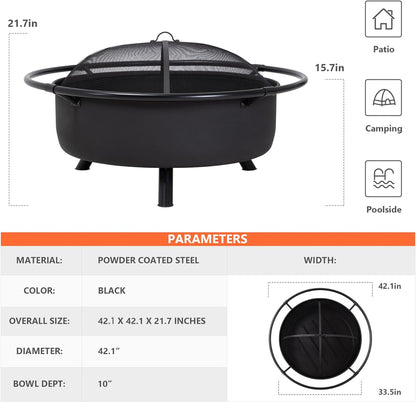 SUNCREAT 42” Patio Fire Pit Wood Burning with Mesh Spark Screen, Bonfire Outdoor firepit with Fireplace Poker, Black