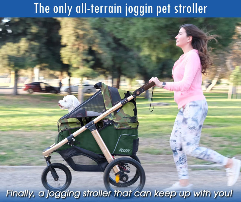 Jogging Sports Stroller with Comfort Rubber Wheels/Zipper-Less Entry/1-Hand Quick Fold/Aluminum Frame for Small/Medium Dogs, Cats and Pets (Green Camo)
