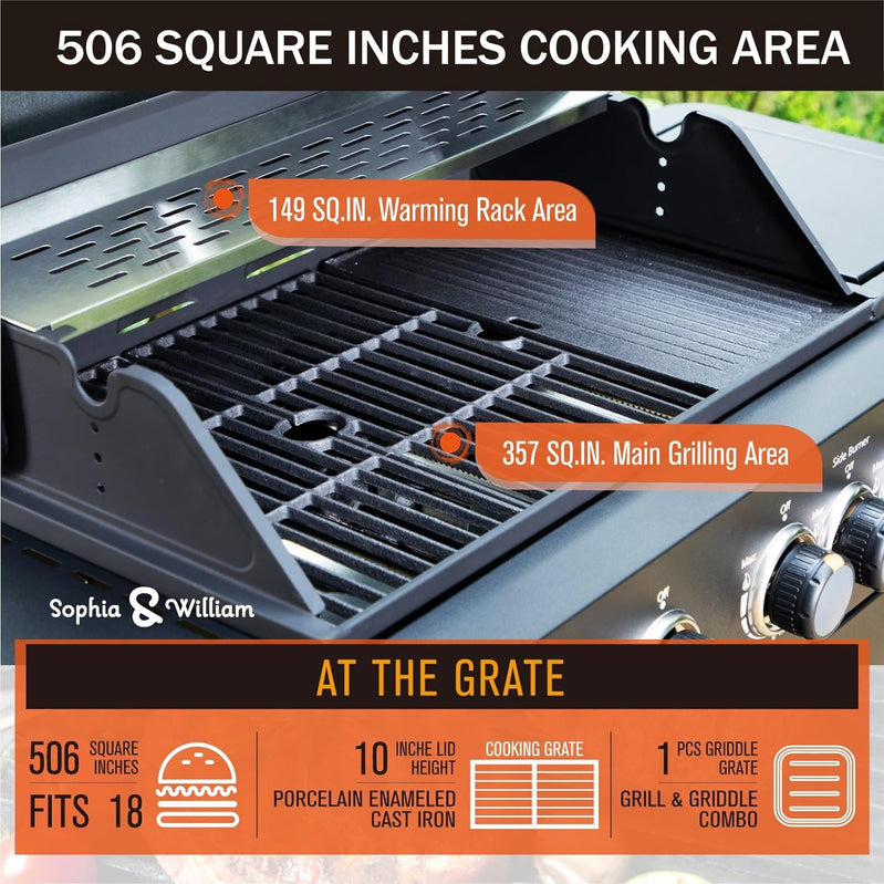 Burner Gas grill with side burner and enameled cast iron grille 42,000BTU outdoor cooking stainless steel propane grill Garden grill, silver