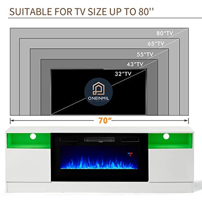 Oneinmil Fireplace TV Stand with 36" Electric Fireplace, LED Light Entertainment Center, Modern Wood, White
