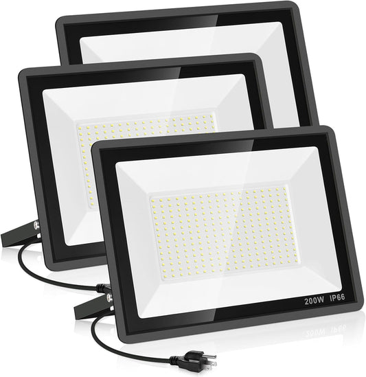 3 Pack 200W LED Flood Light,Super Bright Exterior Security Lights With Plug,IP66 Waterproof Outdoor Flood Light, 22800lm 5000K Daylight White Floodlight for Yard, Garden,Basketball Court, Arena