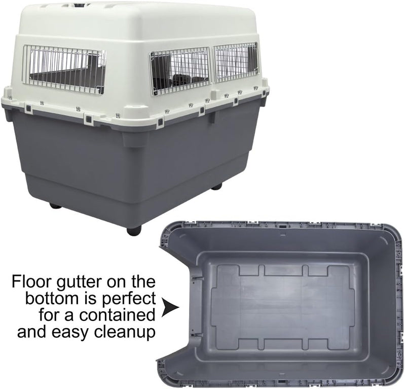 SportPet Designs Plastic Kennels Rolling Plastic Airline Approved Wire Door Travel Dog Crate, XXX-Large, Gray
