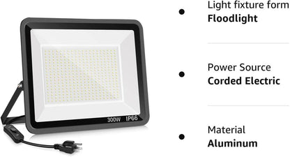 3 Pack 200W LED Flood Light,Super Bright Exterior Security Lights With Plug,IP66 Waterproof Outdoor Flood Light, 22800lm 5000K Daylight White Floodlight for Yard, Garden,Basketball Court, Arena