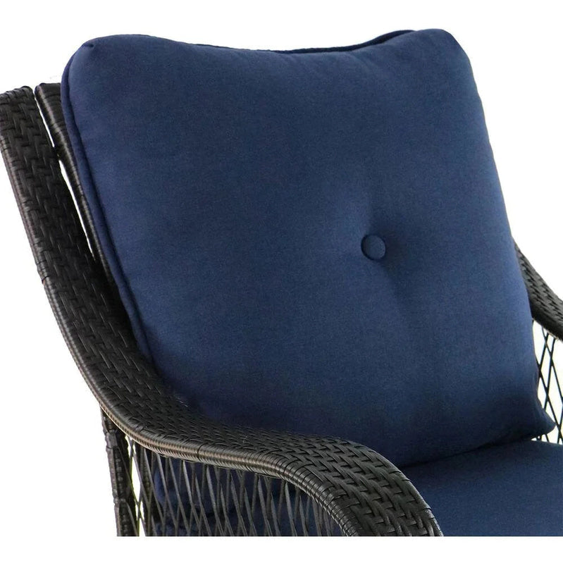 5-Piece Steel Patio Fire Pit Conversation Set with Navy Blue Cushions, Swivel Gliders and Square Fire Pit Table
