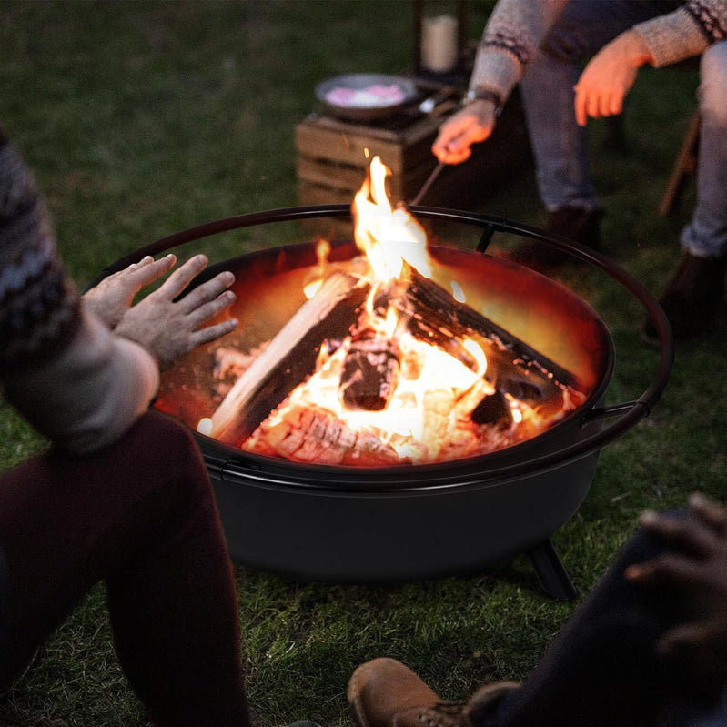 SUNCREAT 42” Patio Fire Pit Wood Burning with Mesh Spark Screen, Bonfire Outdoor firepit with Fireplace Poker, Black