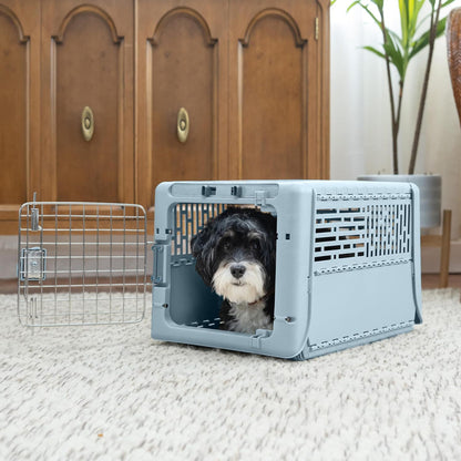 SportPet Designs Plastic Kennels Rolling Plastic Airline Approved Wire Door Travel Dog Crate, XXX-Large, Gray