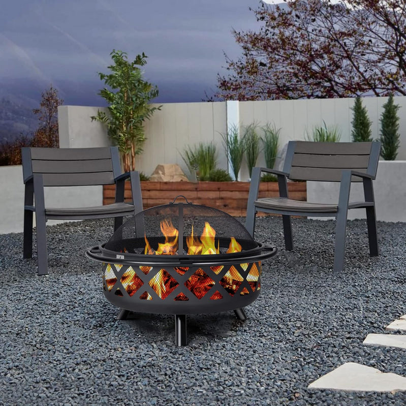 SUNCREAT 42” Patio Fire Pit Wood Burning with Mesh Spark Screen, Bonfire Outdoor firepit with Fireplace Poker, Black