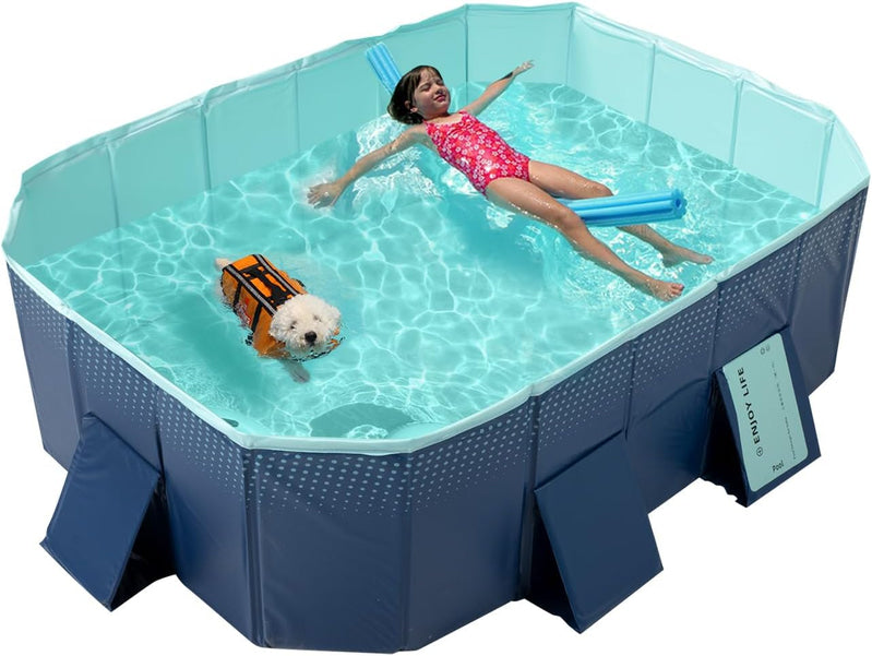 Foldable Non-Inflatable Kids' and Adults' Outdoor Swimming Pool - Hard Plastic Shell, Kid Pool for Backyard Dog Pools (158" x 76" x 20")