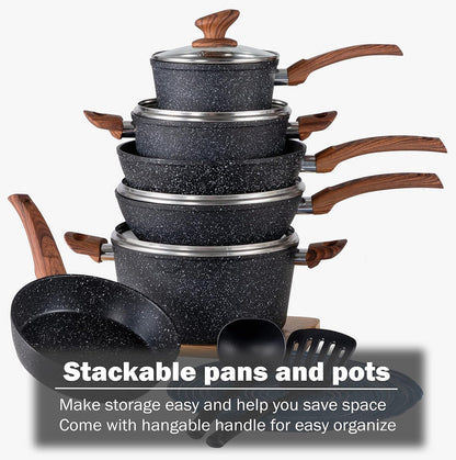Kitchen Academy Induction Cookware Sets - 12 Piece Green Cooking Pan Set, Granite Nonstick Pots and Pans Set