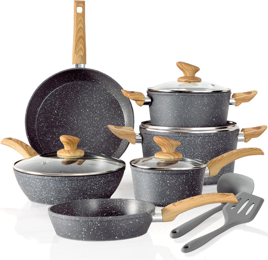 Kitchen Academy Induction Cookware Sets - 12 Piece Green Cooking Pan Set, Granite Nonstick Pots and Pans Set