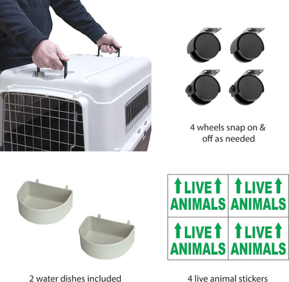 SportPet Designs Plastic Kennels Rolling Plastic Airline Approved Wire Door Travel Dog Crate, XXX-Large, Gray