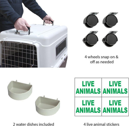 SportPet Designs Plastic Kennels Rolling Plastic Airline Approved Wire Door Travel Dog Crate, XXX-Large, Gray
