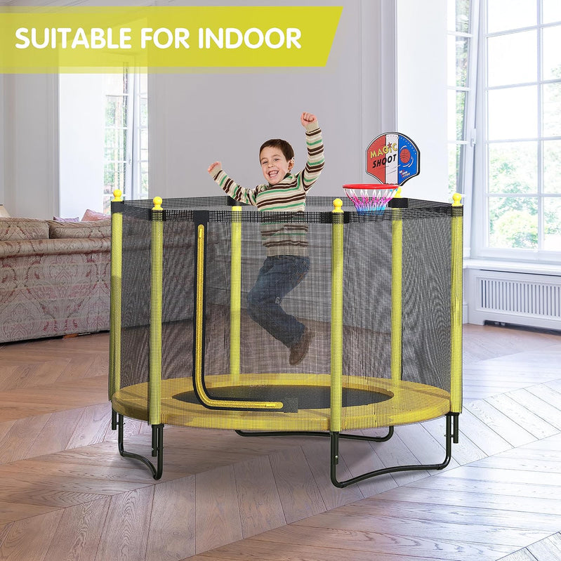 60" Kids Trampoline with Safety Enclosure Net, 5FT Toddler Indoor & Outdoor Trampoline/w Basketball Hoop - Parent-Child Interactive Game Fitness Trampoline Toy Gift for Boys and Girls Age 1-8
