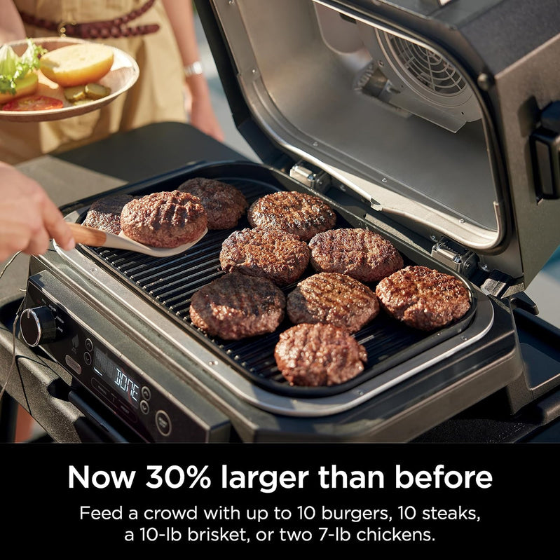 7-in-1 Grill & Smoker with Thermometer, Air Fryer, BBQ, Bake, Roast, Broil - Portable Electric Outdoor Grill, Grey