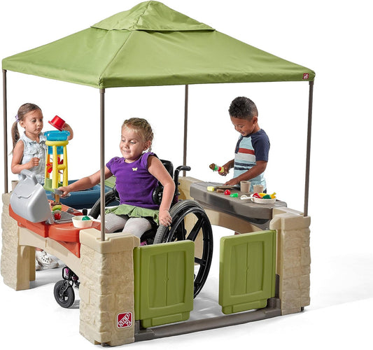 All-round play patio with canopy, kids indoor and outdoor kitchen play set