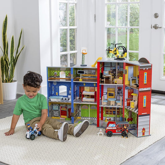 Wooden play set, 3 levels, with 26 accessories, folds for storage