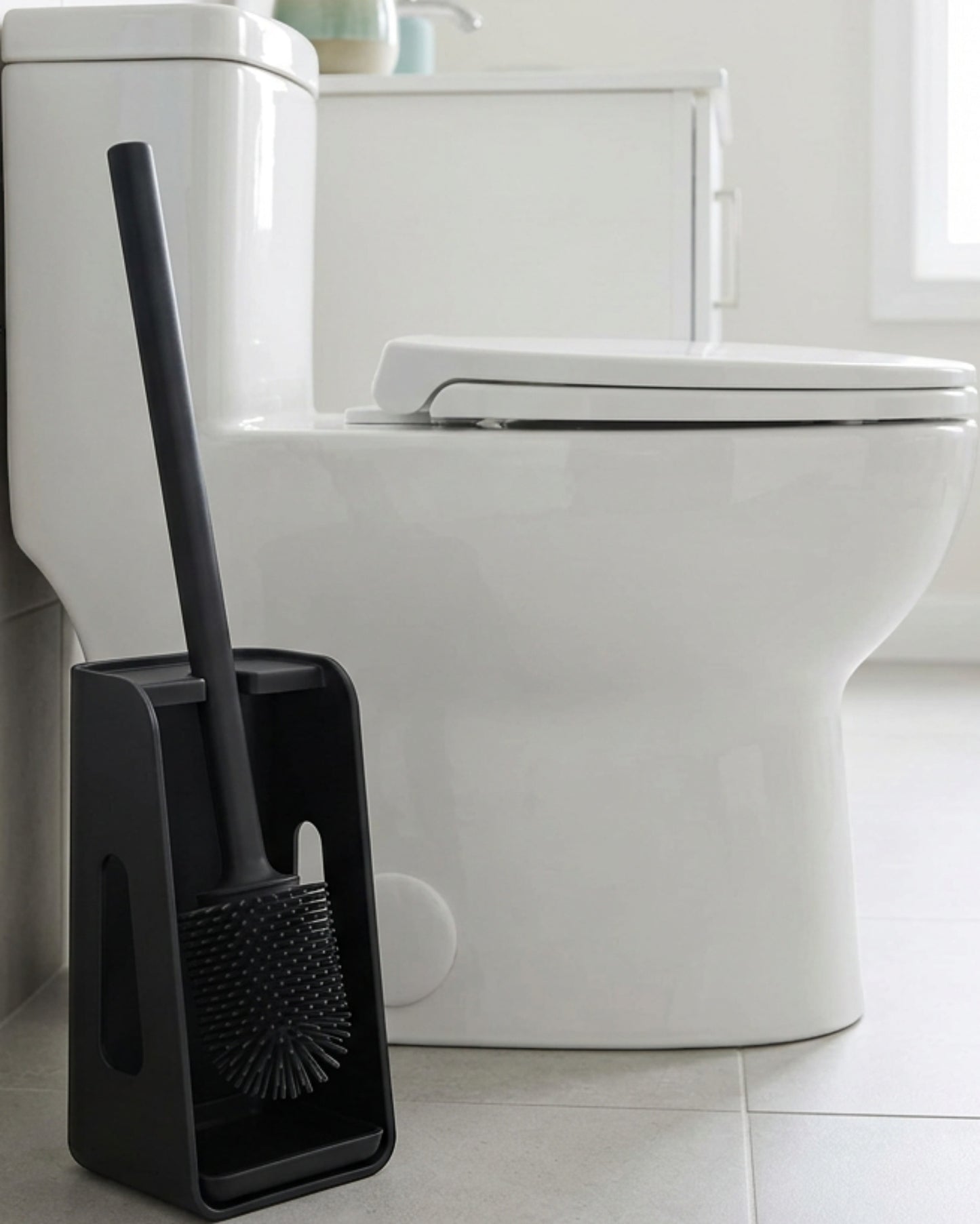 Lyvr Angled Silicone Toilet Brush with Drip Tray Holder Black - Lifestyle view