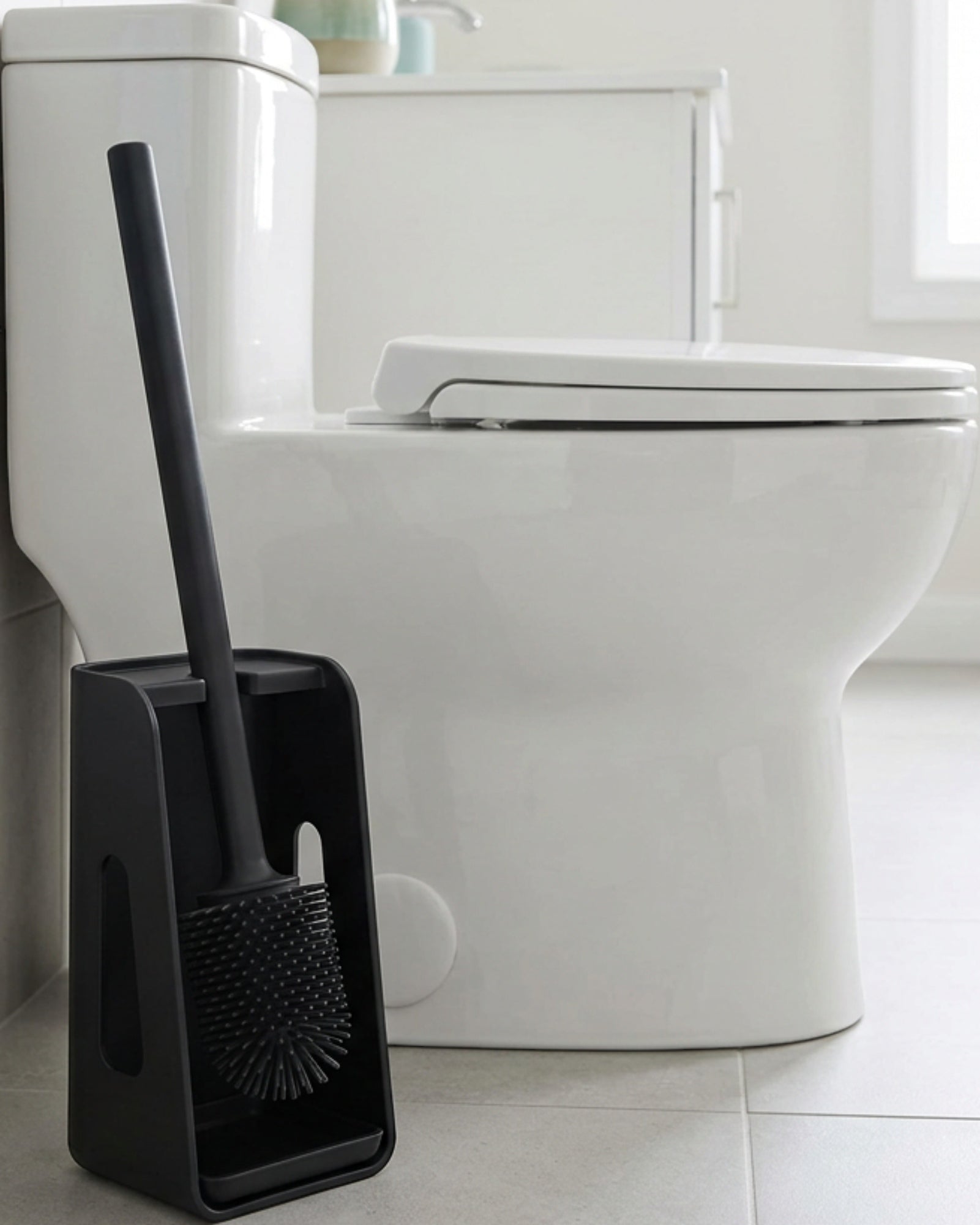 Lyvr Angled Silicone Toilet Brush with Drip Tray Holder Black - Lifestyle view