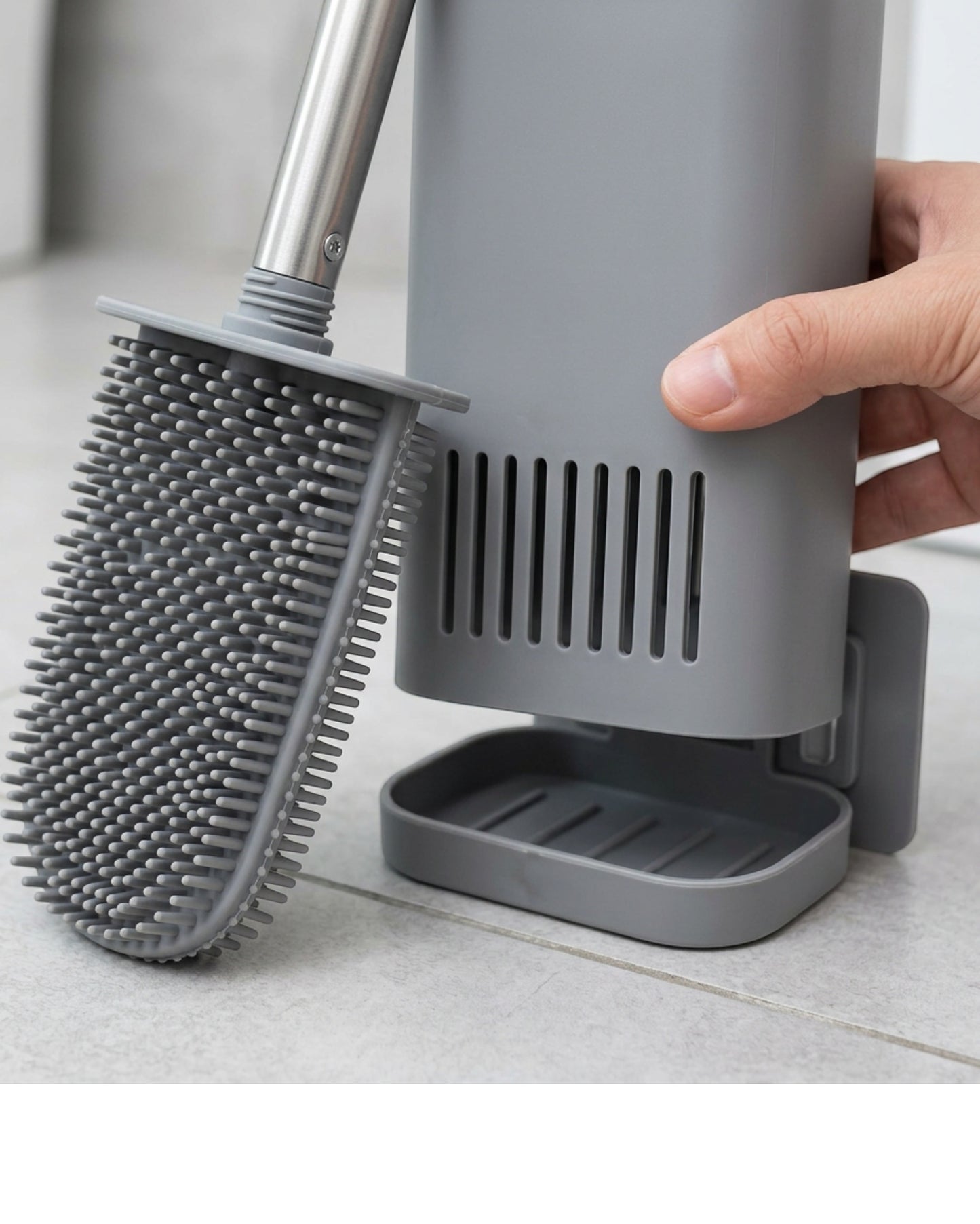 Lyvr Flat Silicone Toilet Brush with Ventilated Holder Gray - Detail view