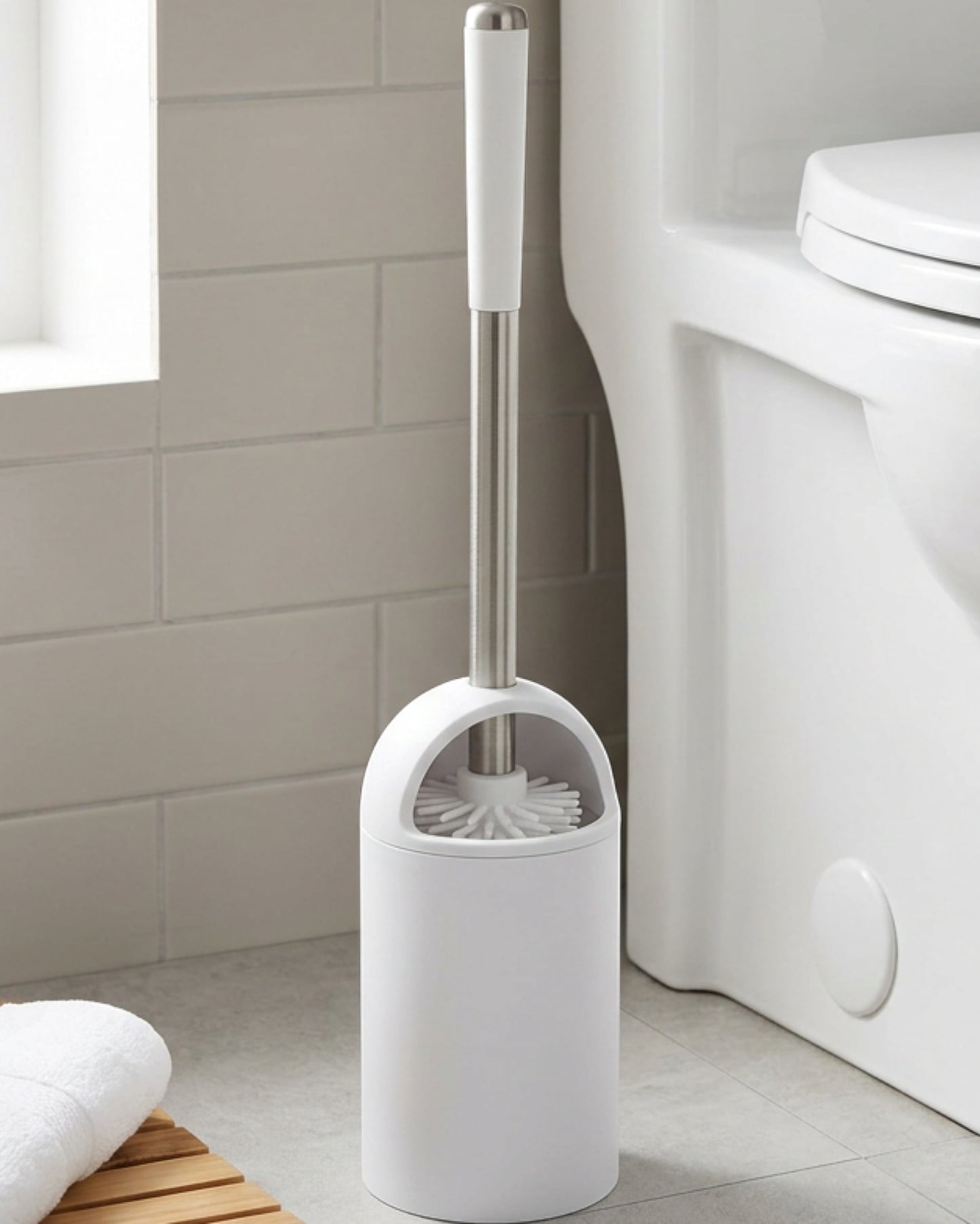 Lyvr Round Silicone Toilet Brush with Cylindrical Holder White - Lifestyle view